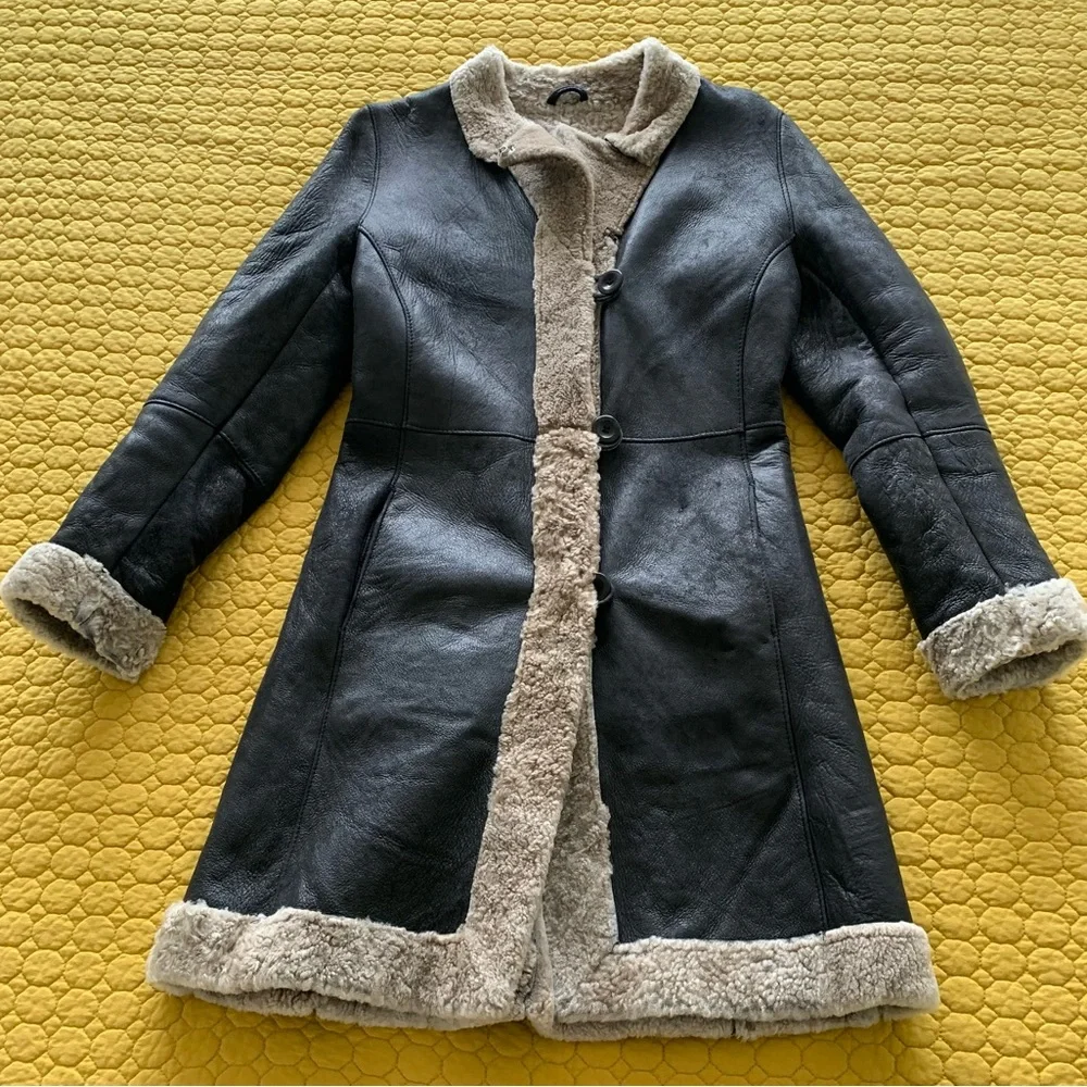 BOD & CHRISTENSEN Black Leather & Shearling Knee Length Coat - Picture 6 of 16